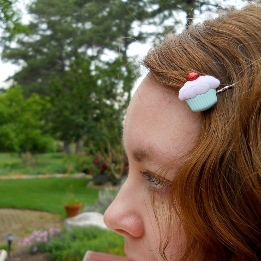 cherry berry cupcake hairpins - pink and sea green - Picture 2 of 5